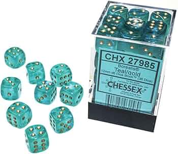 Chessex - Borealis 12mm D6 Dice Block - Luminary Teal & Gold Dice Block