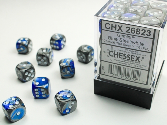 Chessex - Gemini 12mm D6 Dice Block - Blue & Steel w/White
